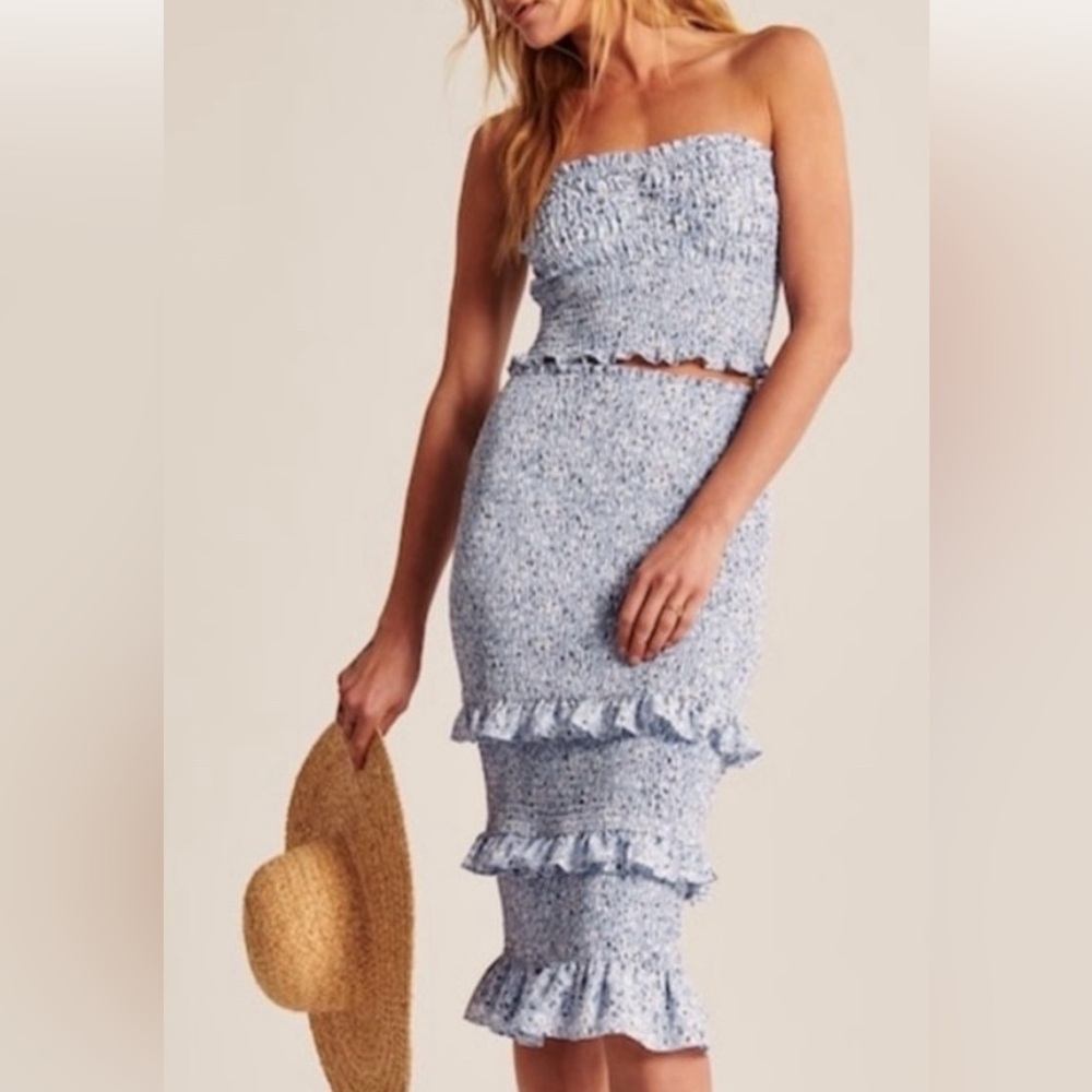 Abercrombie Smocked Midi Skirt Set Blue Medium